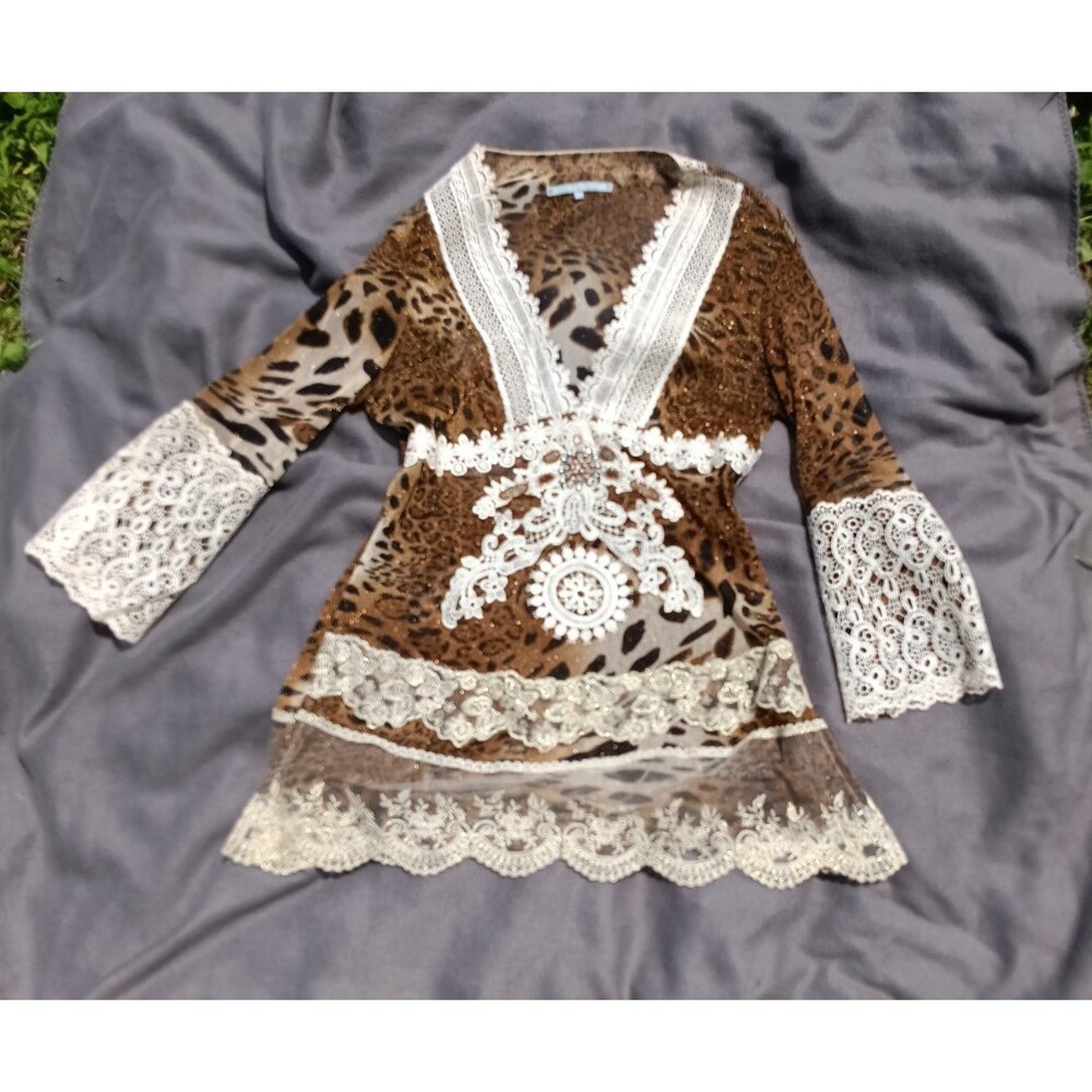 Passion Concept XL Leopard Print Lace Jeweled Long Sleeve Y2K Boho Festival Top - Picture 1 of 5